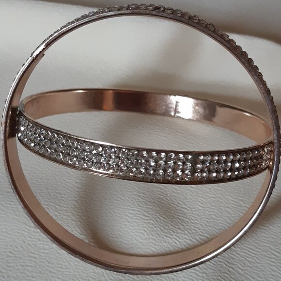 2 Gold Tone Metal Bangle Bracelets, 3 Rows of Rhinestones - Picture 7 of 10